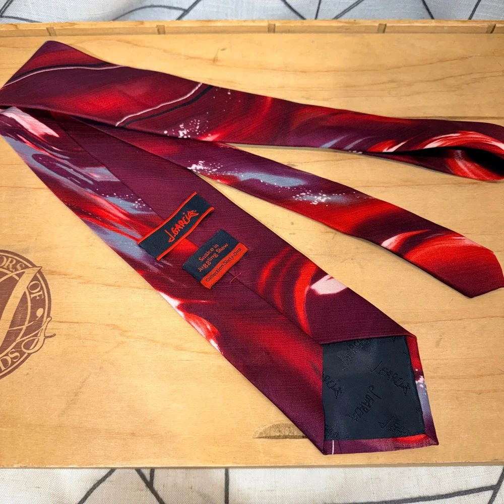 J Garcia Men's Silk Tie Snake Juggling Show Collection 61 Burgundy Red Abstract‎